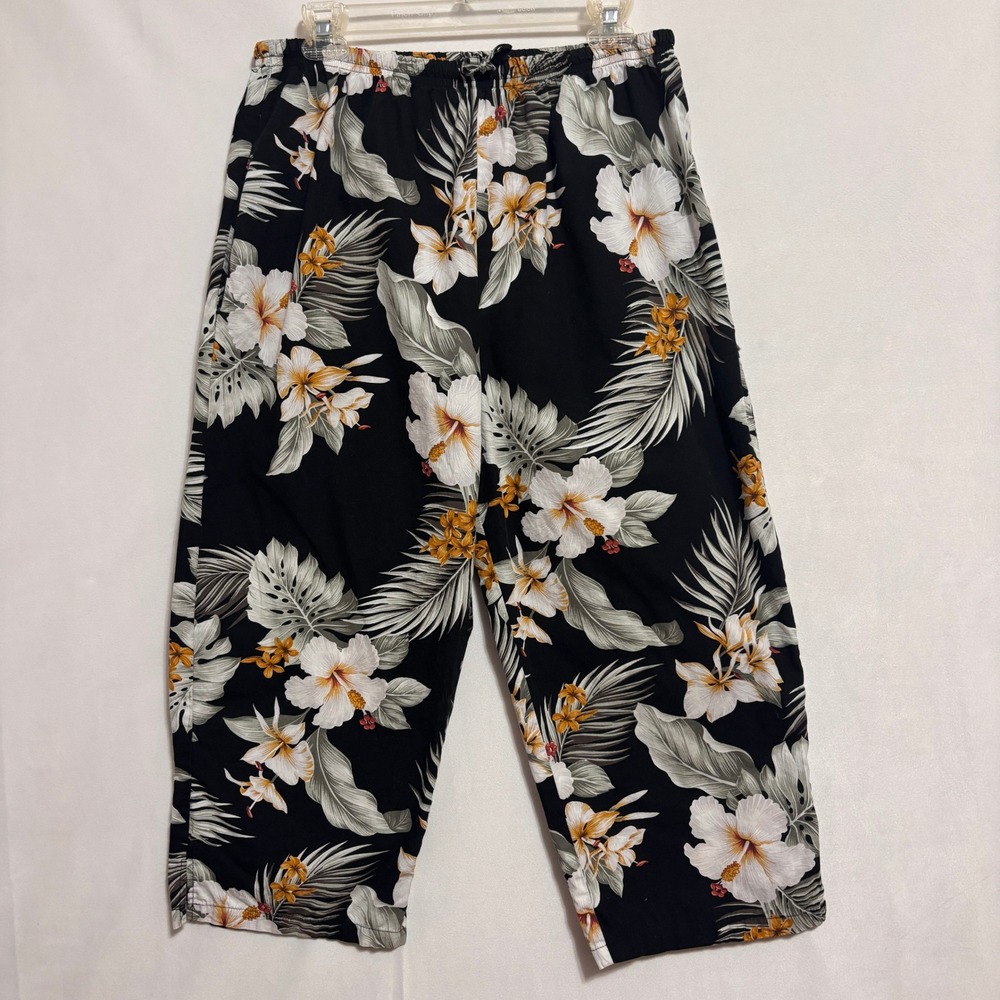 VTG Pacific Legend Tropical Floral Cropped Pants Women XL Blk Hibiscus Hawaiian